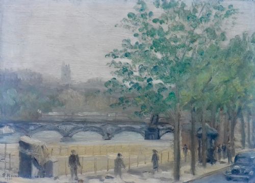 fig 2. Rolling hills, fauve Normandy landscape with grazing cattle - Paris street scene verso - French antique oil on panel 1940
