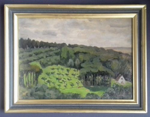 fig 3. Rolling hills, fauve Normandy landscape with grazing cattle - Paris street scene verso - French antique oil on panel 1940