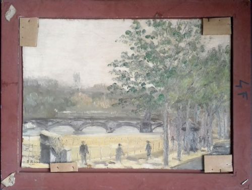 fig 4. Rolling hills, fauve Normandy landscape with grazing cattle - Paris street scene verso - French antique oil on panel 1940