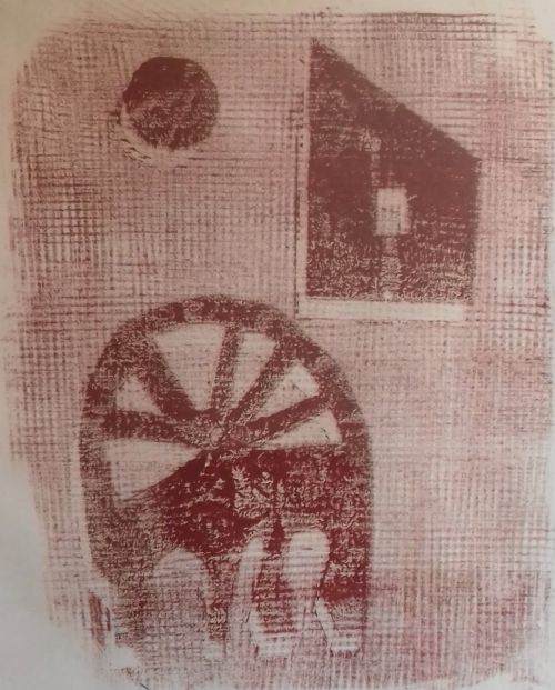 Hungarian Surrealist Endre Balint Horse-cartwheel-house-sun Abstract Print, 1960