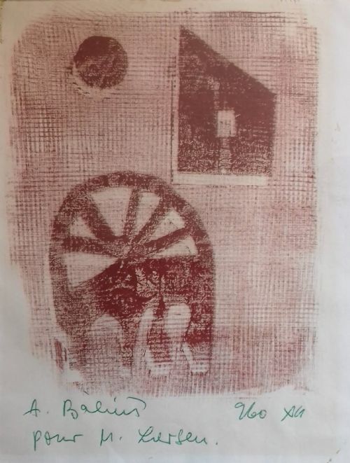 fig 1. Hungarian surrealist Endre Balint Horse-Cartwheel-House-Sun abstract print, 1960