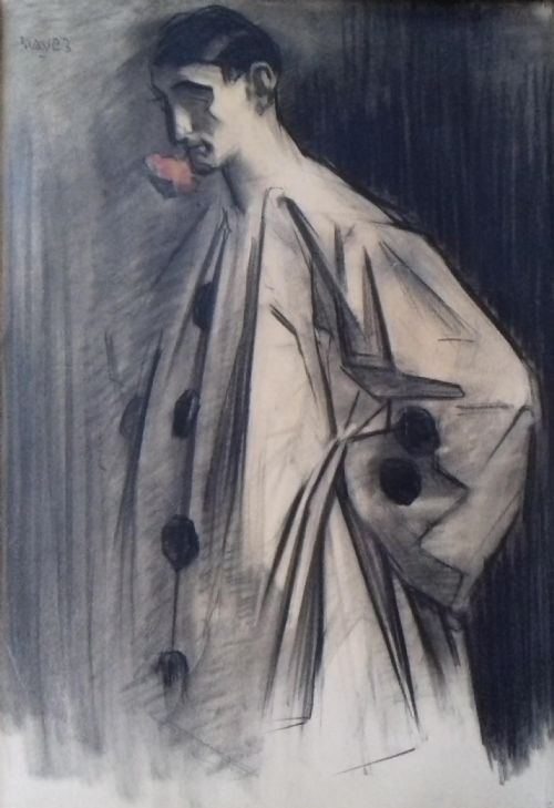 "After the Show" Pierrot , Ca 1910 Art Nouveau Period Large Drawing by Belgian Expressionist Fauvist Artur Navez