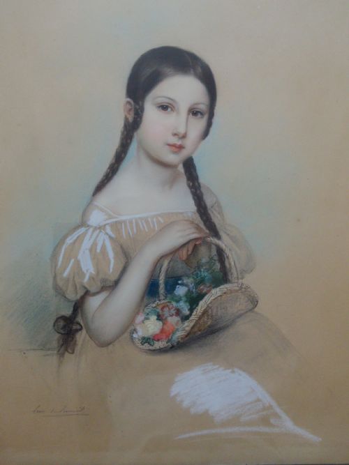 French 19th Century Royal Portraitist: Little Girl with Flower Basket, Romantic Period, Circa 1840