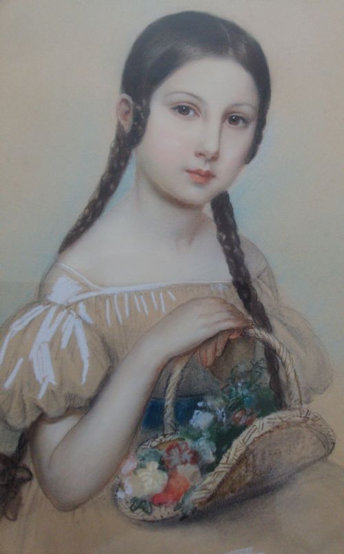 fig 1. French 19th Century royal portraitist: Little Girl with Flower Basket, romantic period, circa 1840