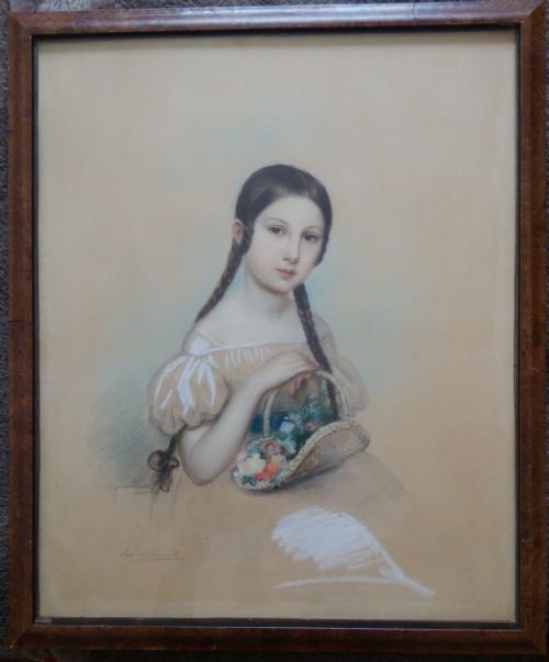fig 2. French 19th Century royal portraitist: Little Girl with Flower Basket, romantic period, circa 1840