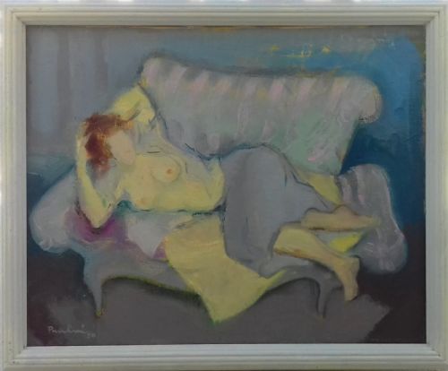 fig 1. State of Undress: French Expressionist Nude on a sofa, 1949 modernist oil on canvas
