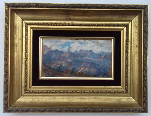 fig 1. Mysterious impressionist mountain landscape, circa 1890, antique French or Swiss miniature oil on panel
