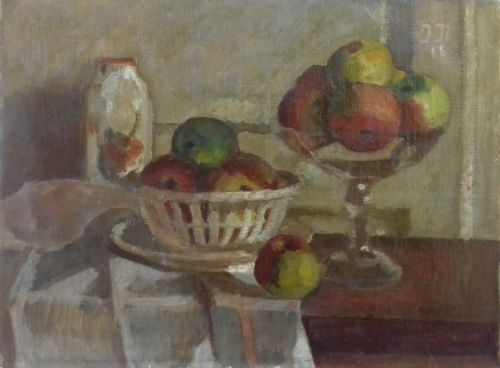 fig 2. Cezannian still life with apples, 1918, cubist oil on canvas by Swiss woman artist Jeanne Dreyfus