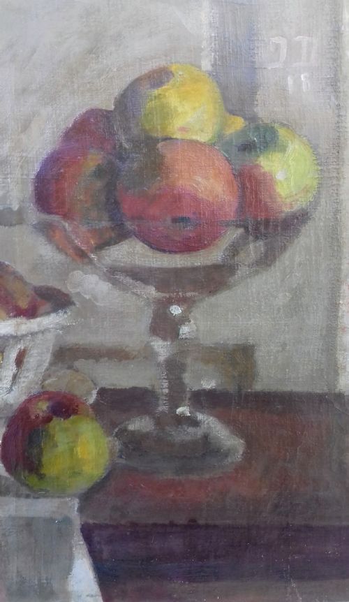 fig 1. Cezannian still life with apples, 1918, cubist oil on canvas by Swiss woman artist Jeanne Dreyfus
