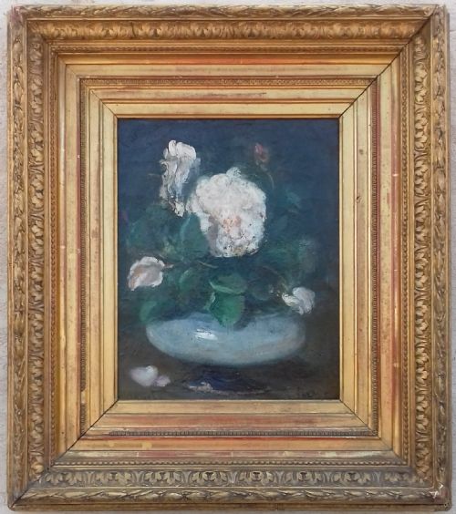 fig 1. Floral still life with roses, Fantin Latour-like Impressionist bouquet oil on canvas by Latouche