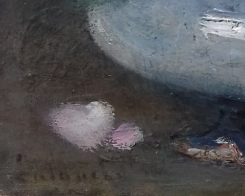fig 2. Floral still life with roses, Fantin Latour-like Impressionist bouquet oil on canvas by Latouche