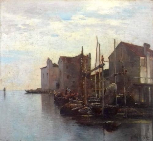 Canal View, Venice, Italy by 19th Century Russian French Jean D'alheim Luminous Antique Oil Painting