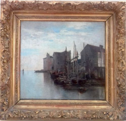 fig 1. Canal view, Venice, Italy by 19th Century Russian French Jean d'Alheim luminous antique oil painting