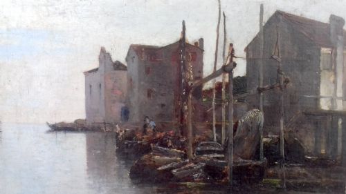 fig 2. Canal view, Venice, Italy by 19th Century Russian French Jean d'Alheim luminous antique oil painting