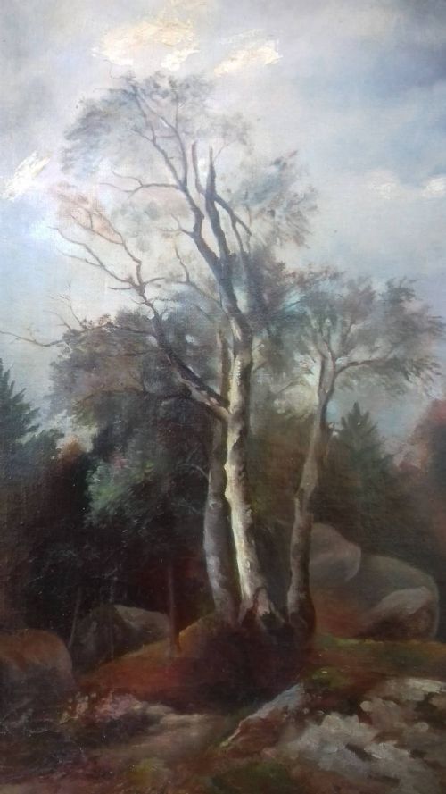 fig 1. French Barbizon woodland autumn landscape with rocks, Fontainebleau forest 1887 antique oil on canvas
