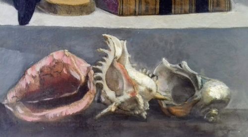 fig 1. The library: surrealist still life with jackdaw, jay, books and sea shells: gothic French oil on canvas