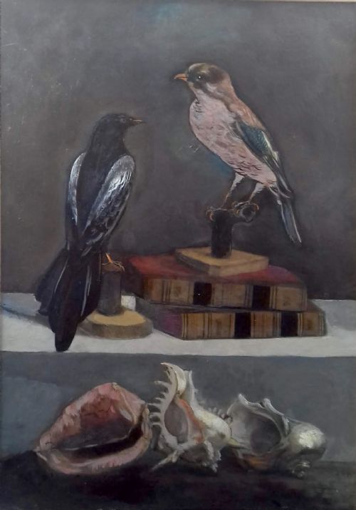 The Library: Surrealist Still Life with Jackdaw, Jay, Books and Sea Shells: Gothic French Oil on Canvas