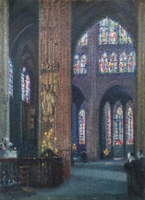 The Stained Glass Windows, Pointillist Oil on Panel, French Romanesque Architecture, Strasbourg Cathedral
