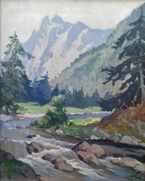 White Water Rapids in the Mountains, the Pyrenees, French Rugged River Landscape by Gabriel Vie, Antique Oil on Canvas