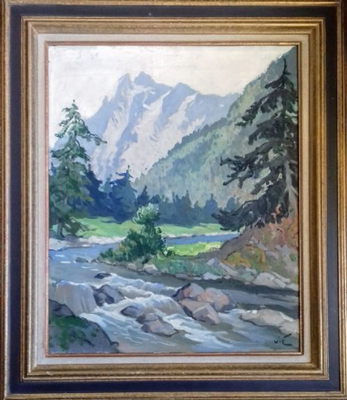 fig 1. White water rapids in the mountains, the Pyrenees, French rugged river landscape by Gabriel Vie, antique oil on canvas