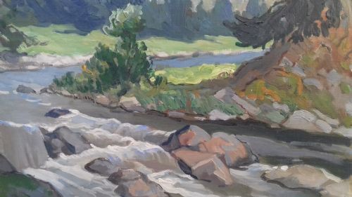 fig 2. White water rapids in the mountains, the Pyrenees, French rugged river landscape by Gabriel Vie, antique oil on canvas