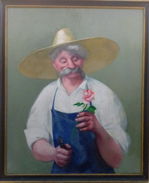 The Good Natured Gardener and His Rose, Ca 1935 French Antique Oil on Panel
