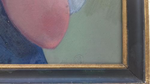 fig 2. The good natured gardener and his rose, ca 1935 French antique oil on panel
