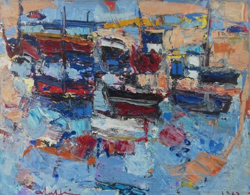 Boats and Water, Abstract Marine Landscape, 1963 by Noted French Normandy Modernist André Raffin Oil on Canvas
