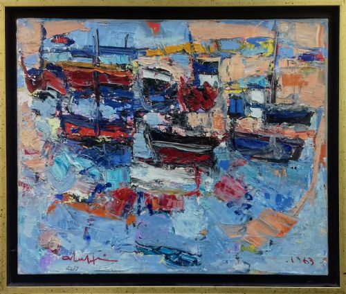 fig 1. Boats and Water, abstract marine landscape, 1963 by noted French Normandy modernist André Raffin oil on canvas