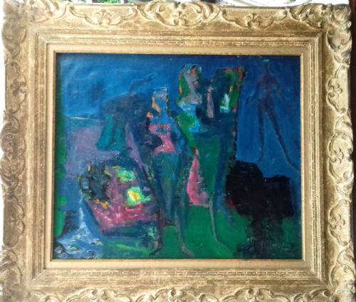 fig 1. Abstracted still life with artist and easel, French 1946 fauve expressionist oil on canvas