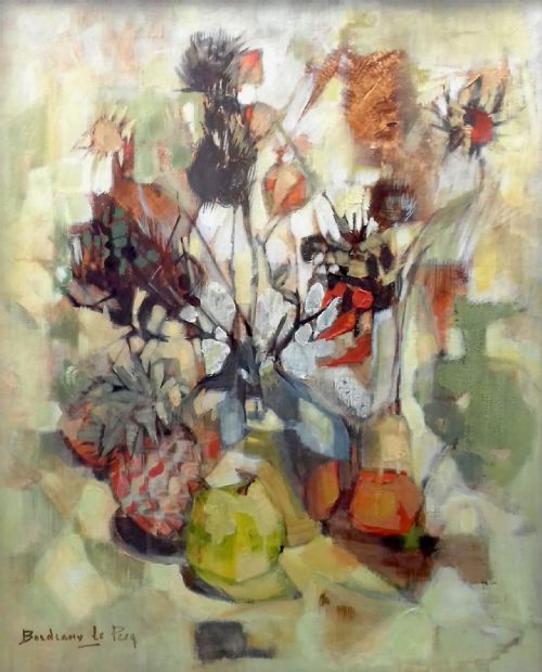 Life Affirming Abstracted Cubist Still Life with Flowers and Oranges, French Andrée Bordeaux Le Pecq