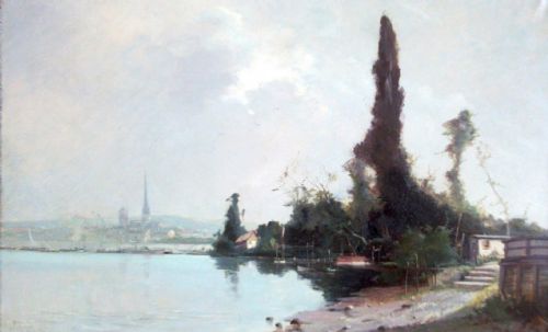 Pre Impressionist River Landscape, the Seine at Rouen, Normandy, the Ile Lacroix Ca 1870 Oil on Canvas