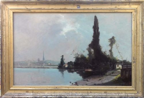 fig 1. Pre impressionist river landscape, the Seine at Rouen, Normandy, the Ile Lacroix ca 1870 oil on canvas