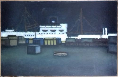 Cargo Port at Night, Large French Abstracted Harbour Scene Oil on Canvas by Bonnard's Great Nephew Michel Terrasse