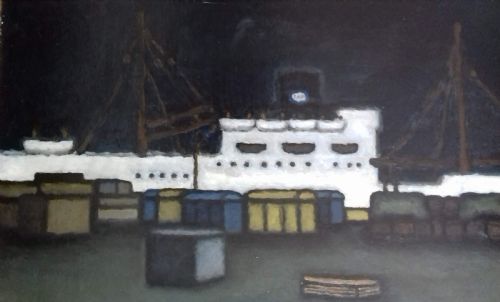 fig 1. Cargo port at night, large French abstracted harbour scene oil on canvas by Bonnard's great nephew Michel Terrasse