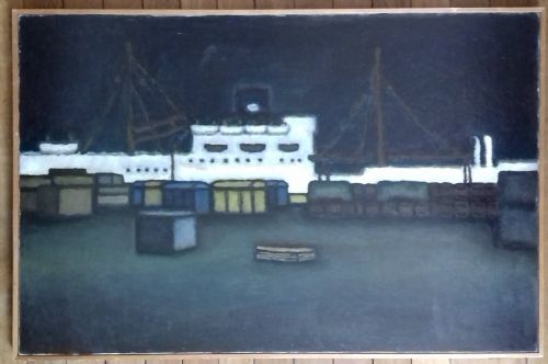 fig 2. Cargo port at night, large French abstracted harbour scene oil on canvas by Bonnard's great nephew Michel Terrasse