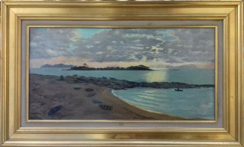 fig 1. An oil painting on canvas depicting a quiet beach with several rowboats on the sand beneath overcast evening skies over Vigo Bay.