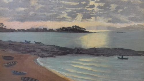 fig 2. An oil painting on canvas depicting a quiet beach with several rowboats on the sand beneath overcast evening skies over Vigo Bay.
