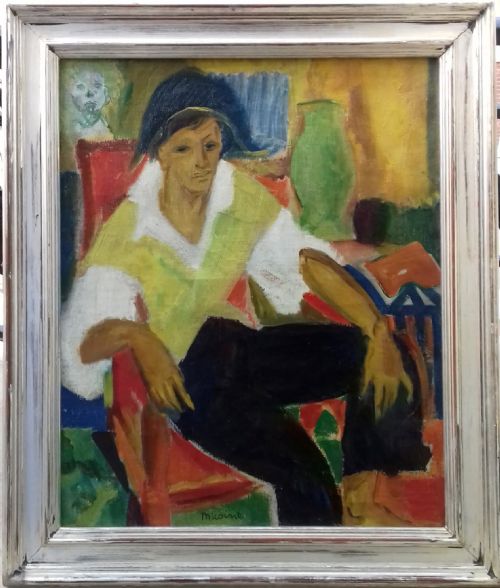fig 1. The red armchair, man with the cocked hat: French fauve colourist Jean Micoine ca 1948 abstracted oil on canvas