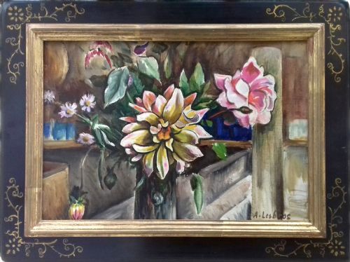 fig 1. French Cubist Floral Still Life, Flowers in the Provence studio, 1920s-30s by Alfred Lesbros (1873-1940)