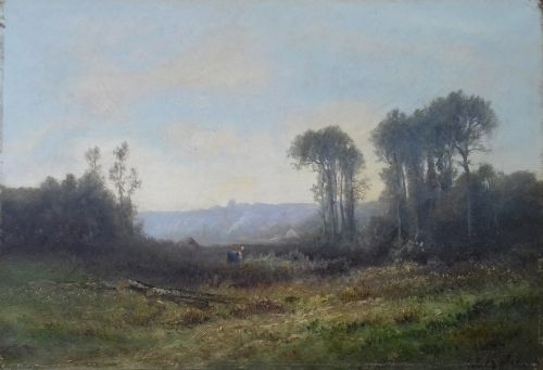 Luminous Barbizon Landscape Circa 1840, Figure in a Forest Glade, Winter Light, French Charles Lenglet B. 1771 Oil on Canvas