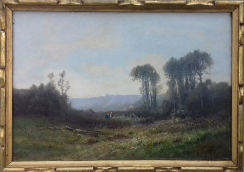 fig 1. Luminous Barbizon landscape circa 1840, Figure in a forest glade, winter light, French Charles Lenglet b. 1771 oil on canvas