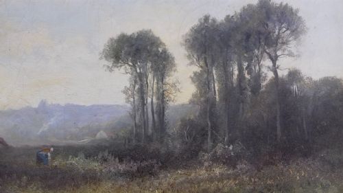 fig 2. Luminous Barbizon landscape circa 1840, Figure in a forest glade, winter light, French Charles Lenglet b. 1771 oil on canvas