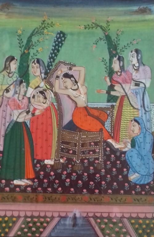 The Looking Glass, Antique Indian Miniature Painting, the Grooming Session Gouache on Paper
