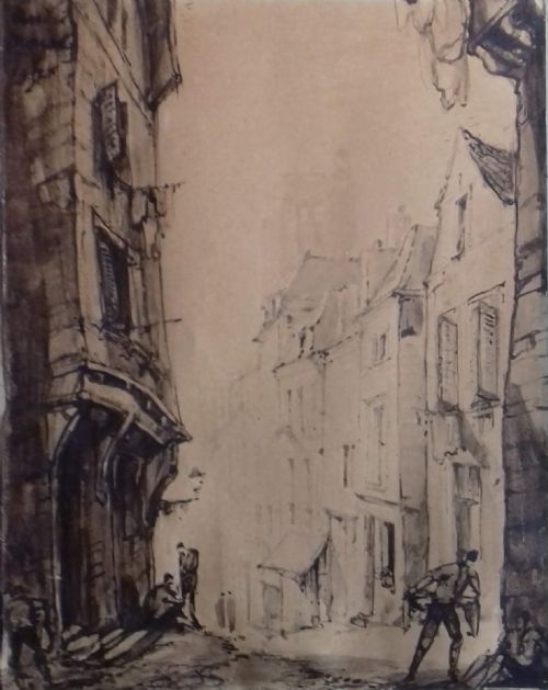 Figures in Tonnerre French Art Deco Period Ink Drawing by André Maire