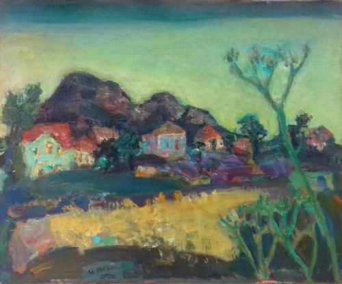 Abstracted Landscape, the South of France French 1949 Fauve Expressionist Oil on Canvas by Yvette Alde (1911-1967)
