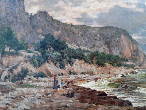 fig 2. An antique oil painting on canvas depicting a coastal landscape in the South of France with figures on a stony shore beside cliffs under an evening sky.
