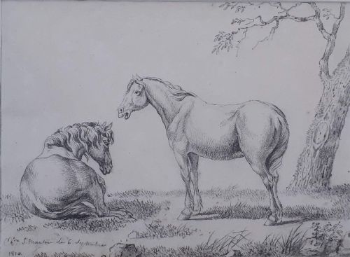 Old Master Drawing: French Equestrian 1810 Two Horses in a Landscape Alexandre Pau De Saint Martin (1751-1820)