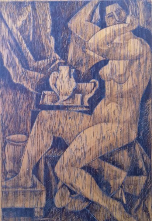Cubist Nude Grooming, French Art Deco Modernist Burin Etched Antique Drawing on Panel