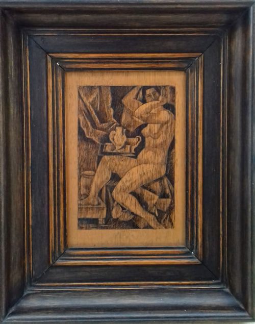fig 1. Cubist nude grooming, French art deco modernist burin etched antique drawing on panel